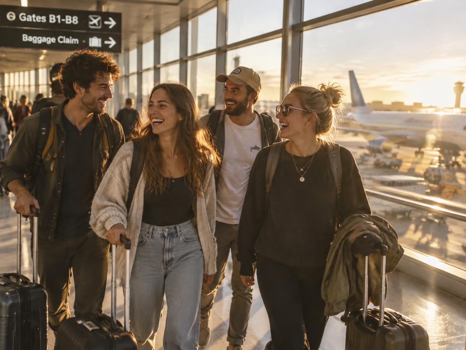 Four friends with luggage walking through a sunlit airport terminal